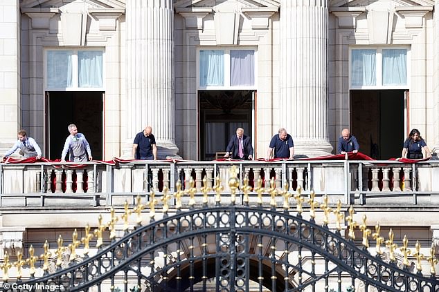 Preparations on the Buckingham Palace balcony this morning before Trooping The Colour