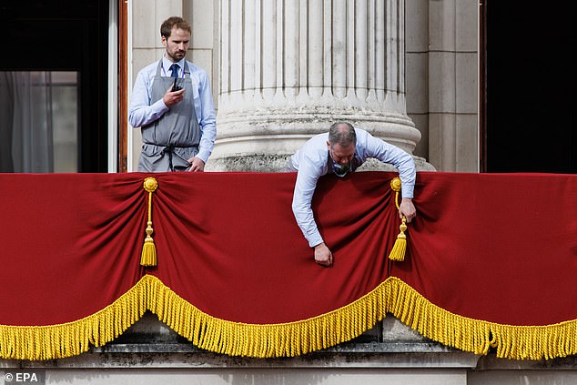 Preparations on the Buckingham Palace balcony this morning before Trooping The Colour