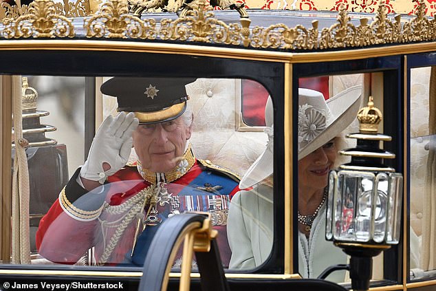 King Charles III and Queen Camilla during Trooping The Colour in London this morning
