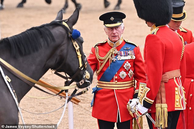 King Charles arrives at Horse Guards Parade during Trooping the Colour today