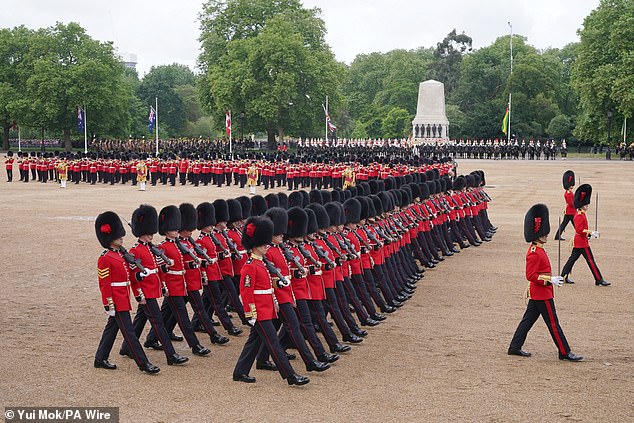 Soldiers at the Trooping the Colour parade at Horse Guards Parade in London today