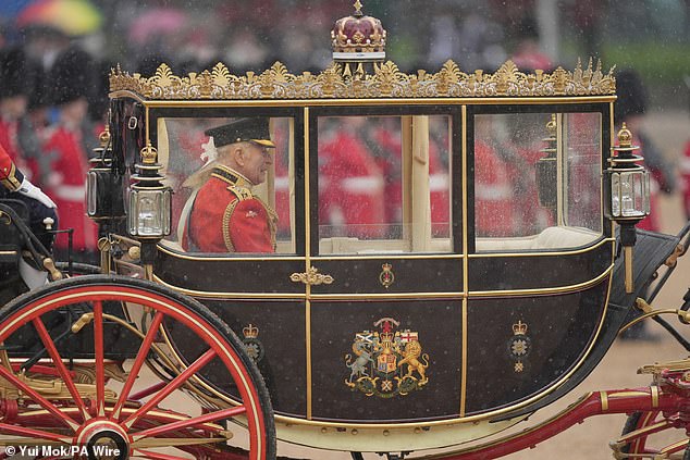 King Charles arrives at Horse Guards Parade during Trooping the Colour today