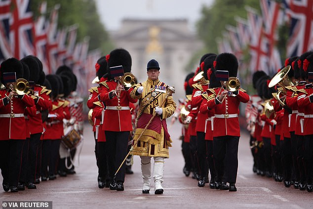 Members of the Coldstream Guards band take part in Trooping the Colour today