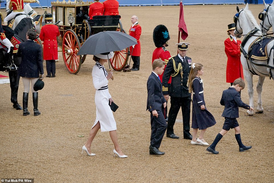 The Princess of Wales, Prince George, Princess Charlotte and Prince Louis leave Horse Guards Parade