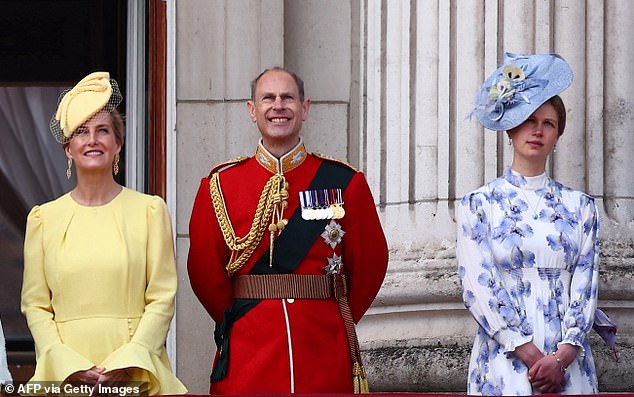 The family were pictured on the Buckingham Palace balcony today, without James, the Earl of Wessex