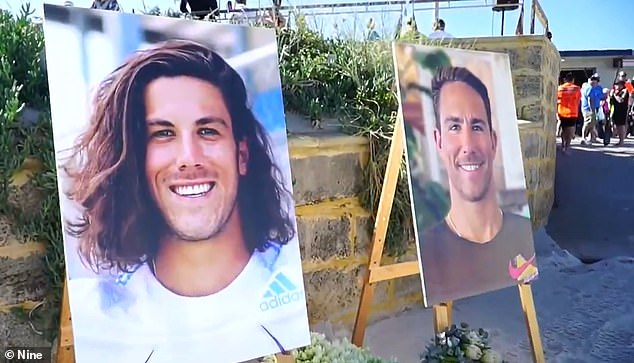 Two pictures of the brothers (Callum left and Jake right) sat on the sand as hundreds gathered on the beach