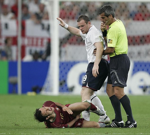 Wayne Rooney (centre) was sent off for stamping on Ricardo Carvalho (bottom) the last time England played in Gelsenkirchen