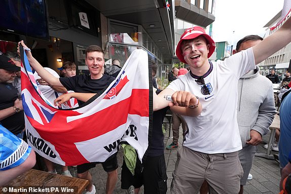 England fans in Gelsenkirchen. England take on Serbia tomorrow in their UEFA Euro 2024 Group C match at the Arena AufSchalke in Gelsenkirchen, Germany. Picture date: Saturday June 15, 2024. PA Photo. See PA Story SOCCER Euro 2024. Photo credit should read: Martin Rickett/PA Wire.RESTRICTIONS: Use subject to restrictions. Editorial use only, no commercial use without prior consent from rights holder.