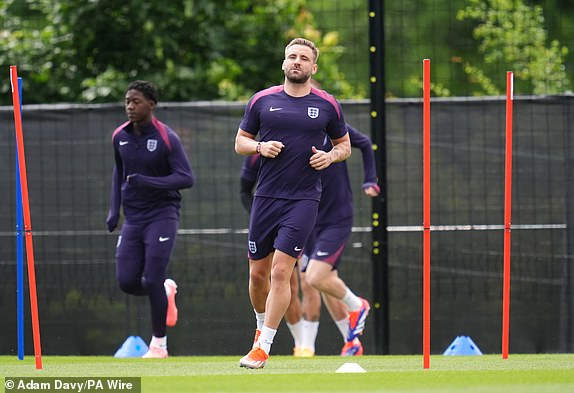 England's Luke Shaw during a training session at the Spa & Golf Resort Weimarer Land in Blankenhain, Germany. Picture date: Saturday June 15, 2024. PA Photo. See PA Story SOCCER England Training. Photo credit should read: Adam Davy/PA Wire.RESTRICTIONS: Use subject to FA restrictions. Editorial use only. Commercial use only with prior written consent of the FA. No editing except cropping.