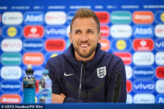 Handout photo provided by UEFA of England's Harry Kane during a Press Conference at Arena AufSchalke in Gelsenkirchen, Germany. Issue date: Saturday June 15, 2024. PA Photo. See PA story SOCCER England. Photo credit should read: UEFA Handout/PA Wire.NOTE TO EDITORS: This handout photo may only be used in for editorial reporting purposes for the contemporaneous illustration of events, things or the people in the image or facts mentioned in the caption. Reuse of the picture may require further permission from the copyright holder.