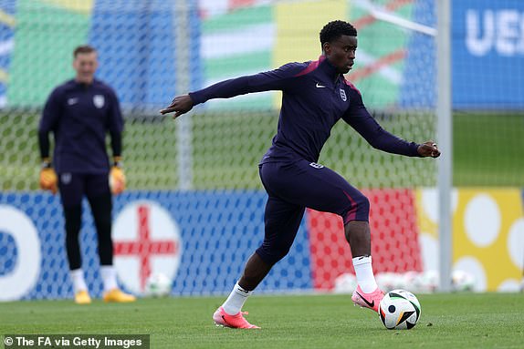 BLANKENHAIN, GERMANY - JUNE 15: Marc Guehi of England runs with the ball during a training session at Spa & Golf Resort Weimarer Land on June 15, 2024 in Blankenhain, Germany. (Photo by Eddie Keogh - The FA/The FA via Getty Images)