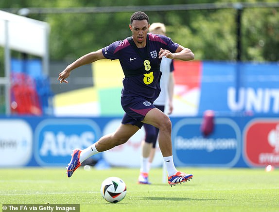 BLANKENHAIN, GERMANY - JUNE 13: Trent Alexander-Arnold of England in action during a training session at Spa & Golf Resort Weimarer Land on June 13, 2024 in Blankenhain, Germany. (Photo by Eddie Keogh - The FA/The FA via Getty Images)