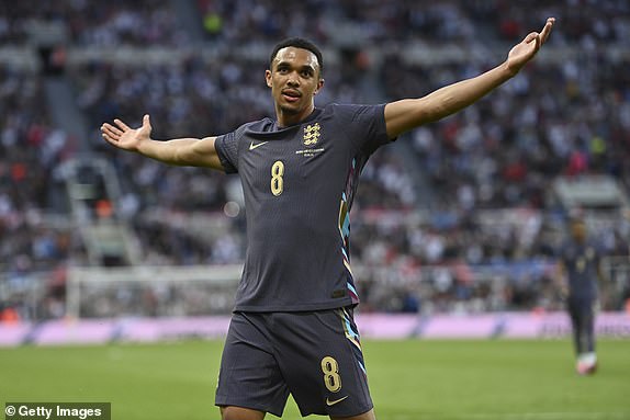 NEWCASTLE UPON TYNE, ENGLAND - JUNE 3: Trent Alexander-Arnold of England celebrates after scoring goal (2-0) during the international friendly match between England and Bosnia & Herzegovina at St James' Park on June 3, 2024 in Newcastle upon Tyne, England. (Photo by Will Palmer/Eurasia Sport Images/Getty Images)