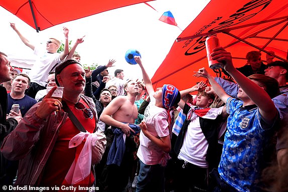 GELSENKIRCHEN, GERMANY - JUNE 16: Supporters of England in the city of Gelsenkirchen prior to the UEFA EURO 2024 group stage match between Serbia and England at Arena AufSchalke on June 16, 2024 in Gelsenkirchen, Germany. (Photo by Matteo Ciambelli / DeFodi Images via Getty Images)