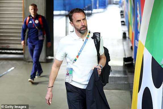 GELSENKIRCHEN, GERMANY - JUNE 16: Gareth Southgate, Head Coach of England, arrives at the stadium prior to the UEFA EURO 2024 group stage match between Serbia and England at Arena AufSchalke on June 16, 2024 in Gelsenkirchen, Germany.   (Photo by Richard Pelham/Getty Images)