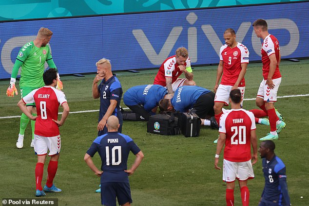 He was given CPR by medics who ran on to the pitch at the Parken Stadium in Copenhagen