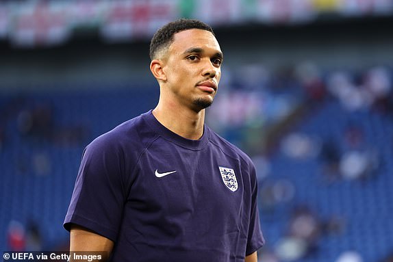 GELSENKIRCHEN, GERMANY - JUNE 16: Trent Alexander-Arnold of England inspects the pitch prior to the UEFA EURO 2024 group stage match between Serbia and England at Arena AufSchalke on June 16, 2024 in Gelsenkirchen, Germany.   (Photo by Matt McNulty - UEFA/UEFA via Getty Images)
