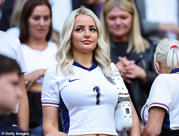 GELSENKIRCHEN, GERMANY - JUNE 16: Megan Davison, Wife of Jordan Pickford during the UEFA EURO 2024 group stage match between Serbia and England at Arena AufSchalke on June 16, 2024 in Gelsenkirchen, Germany. (Photo by Robbie Jay Barratt - AMA/Getty Images)