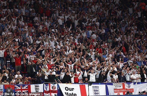 GELSENKIRCHEN, GERMANY - JUNE 16: England fans show their support during the UEFA EURO 2024 group stage match between Serbia and England at Arena AufSchalke on June 16, 2024 in Gelsenkirchen, Germany.   (Photo by Eddie Keogh - The FA/The FA via Getty Images)