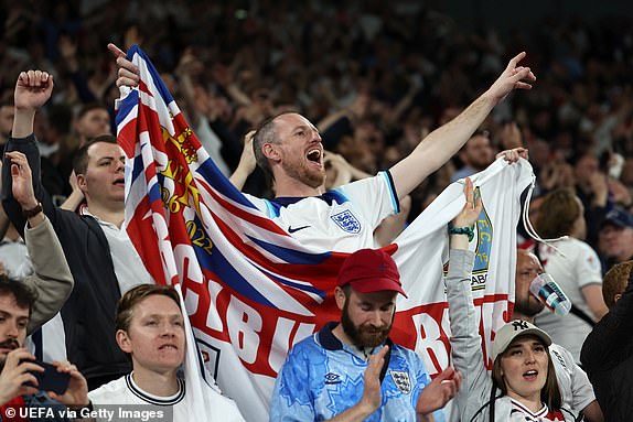 GELSENKIRCHEN, GERMANY - JUNE 16: Fans of England celebrate victory after the UEFA EURO 2024 group stage match between Serbia and England at Arena AufSchalke on June 16, 2024 in Gelsenkirchen, Germany.   (Photo by Christopher Lee - UEFA/UEFA via Getty Images)