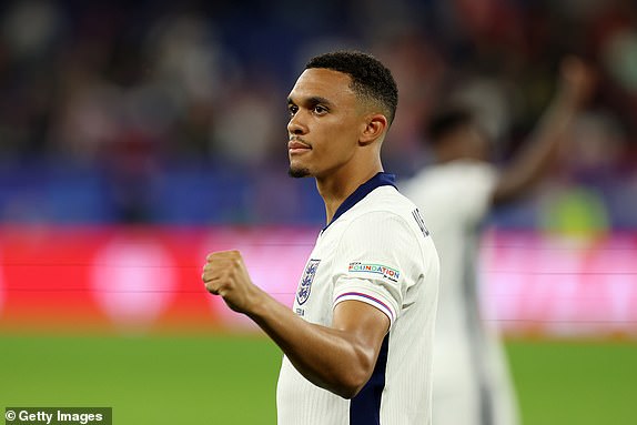 GELSENKIRCHEN, GERMANY - JUNE 16: Trent Alexander-Arnold of England celebrates victory at full-time following the UEFA EURO 2024 group stage match between Serbia and England at Arena AufSchalke on June 16, 2024 in Gelsenkirchen, Germany.   (Photo by Richard Pelham/Getty Images)