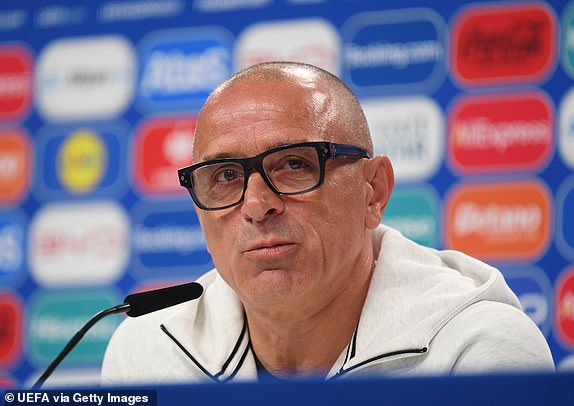 FRANKFURT AM MAIN, GERMANY - JUNE 16: Slovakia Head Coach Francesco Calzona addresses the media during a press conference at Frankfurt Arena on June 16, 2024 in Frankfurt am Main, Germany. (Photo by Charles McQuillan - UEFA/UEFA via Getty Images)