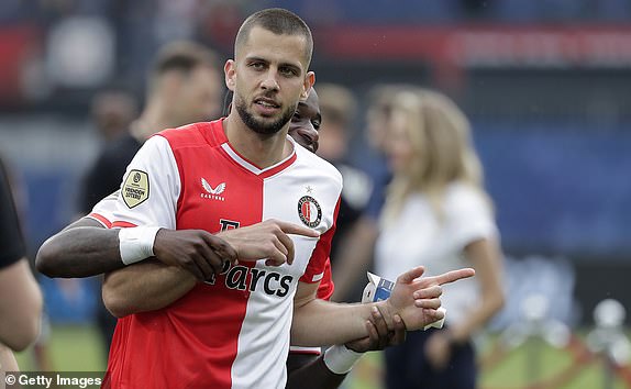 ROTTERDAM, NETHERLANDS - MAY 19: (L-R) David Hancko of Feyenoord, Lutsharel Geertruida of Feyenoord celebrating the victroy  during the Dutch Eredivisie  match between Feyenoord v Excelsior at the Stadium Feijenoord on May 19, 2024 in Rotterdam Netherlands (Photo by Jeroen van den Berg/Soccrates/Getty Images)