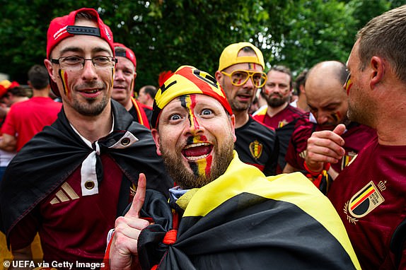 FRANKFURT AM MAIN, GERMANY - JUNE 17: Belgium fans in the Frankfurt City prior to the UEFA EURO 2024 Group E match between Belgium and Slovakia at the Deutsche Bank Park Arena on June 17, 2024 in Frankfurt am Main, Germany. (Photo by Neil Baynes - UEFA/UEFA via Getty Images)