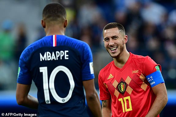 France's forward Kylian Mbappe (L) speaks with Belgium's forward Eden Hazard during the Russia 2018 World Cup semi-final football match between France and Belgium at the Saint Petersburg Stadium in Saint Petersburg on July 10, 2018. (Photo by Giuseppe CACACE / AFP) / RESTRICTED TO EDITORIAL USE - NO MOBILE PUSH ALERTS/DOWNLOADS        (Photo credit should read GIUSEPPE CACACE/AFP/Getty Images)