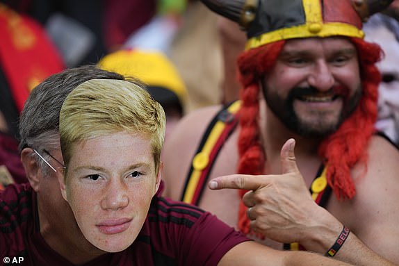 Belgium fans watch from the stands before a Group E match between Belgium and Slovakia at the Euro 2024 soccer tournament in Frankfurt, Germany, Monday, June 17, 2024. (AP Photo/Darko Vojinovic)