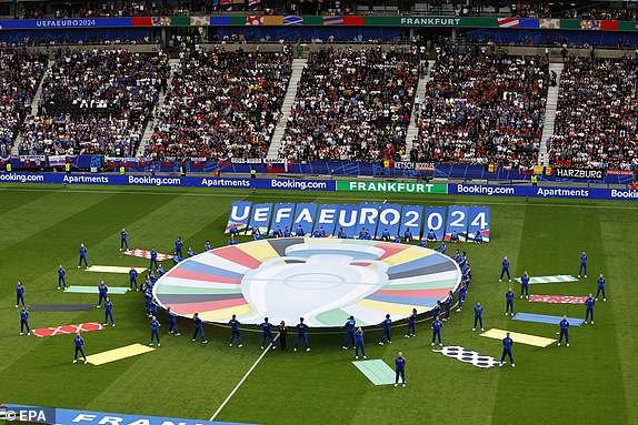 epa11418086 The tournament flag on display on the pitch ahead of the UEFA EURO 2024 group E match between Belgium and Slovakia, in Frankfurt Main, Germany, 17 June 2024.  EPA/ROBERT GHEMENT