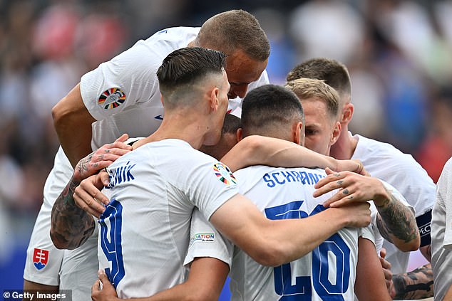 Slovakia players celebrate after Schranz opened the scoring after just seven minutes