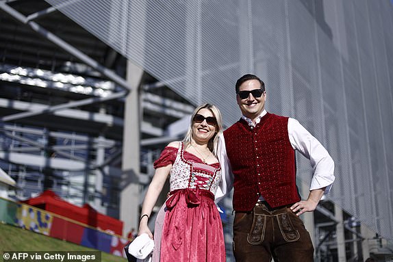 Sopporters of Austria pose ahead of the UEFA Euro 2024 Group D football match between Austria and France at the Duesseldorf Arena in Duesseldorf on June 17, 2024. (Photo by KENZO TRIBOUILLARD / AFP) (Photo by KENZO TRIBOUILLARD/AFP via Getty Images)