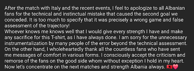 Hysaj posted his heartfelt apology to Albania supporters on his Instagram story