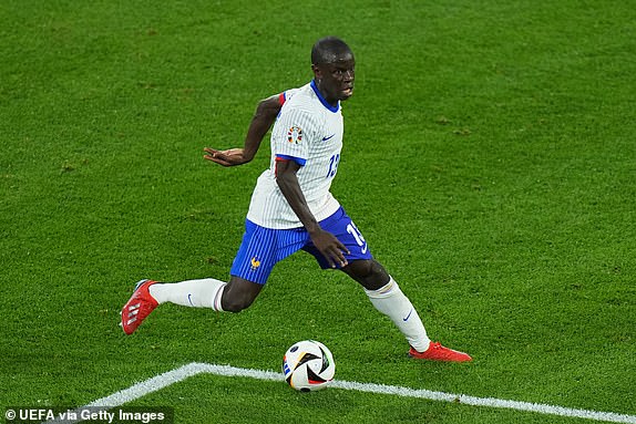 DUSSELDORF, GERMANY - JUNE 17: N'Golo Kante of France runs with the ball during the UEFA EURO 2024 group stage match between Austria and France at DÃ¼sseldorf Arena on June 17, 2024 in Dusseldorf, Germany. (Photo by Angel Martinez - UEFA/UEFA via Getty Images)