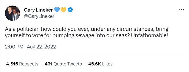 Lineker was embroiled in a row with a senior BBC journalist following his tweet about sewage in 2022 (pictured)