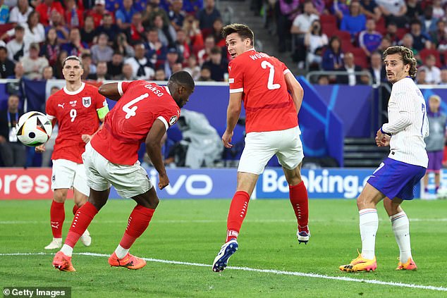 Maximilian Wober (middle) headed the ball into his own net to give France the lead