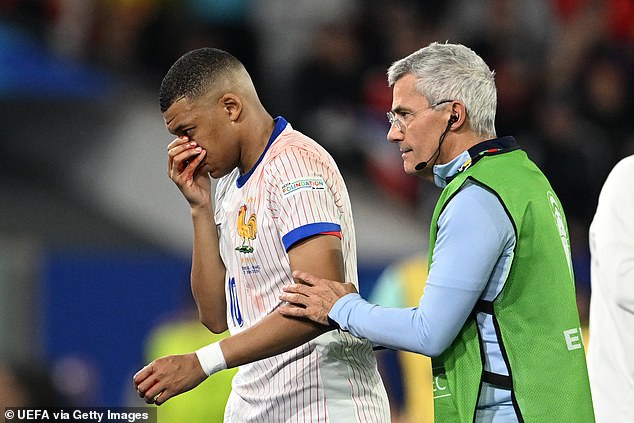 Late in the match, Les Bleus captain Kylian Mbappe appeared to suffer a broken nose