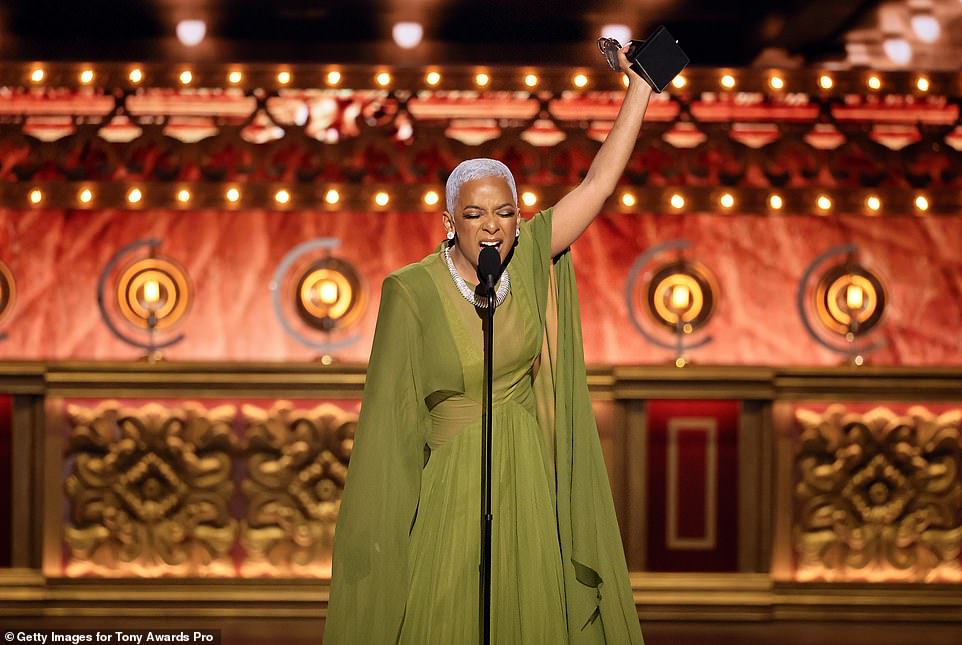 She went on to thank her cast and crew including co-star Leslie Odom, Jr. before concluding her speech by thanking Ruby Dee who she portrayed on stage as Kara said: ' And to the great Ruby Dee. Please, let me have this. Ruby Dee, the legendary ruby Dee who originated this role'