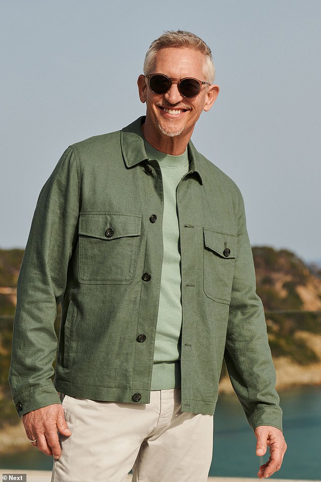 Mr Lineker was sporting a pale green T-shirt and sage jacket which appeared to be from his collection (pictured) with Next
