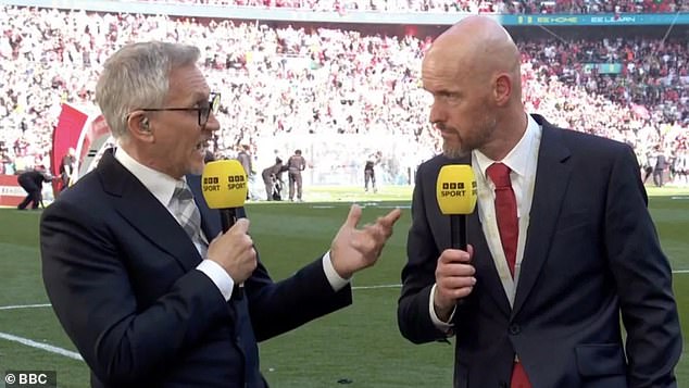 He ramps his outfit up for finals to wear a suit and tie as they are 'big nights' (Lineker pictured at Wembley in May talking to Manchester United manager Erik ten Hag after the Red Devils' FA Cup final win)
