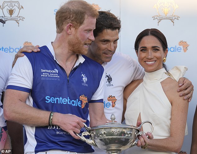 Professional polo player Nacho Figueras (pictured centre with Harry and Meghan in April 2024), 47, shared images of jam and dog biscuits, thought to be from the Duchess' company, via his Instagram Stories on Saturday, just hours before the Royal Family attended Trooping the Colour in London