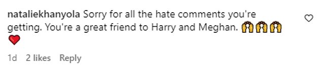 However, despite the many furious remarks, some rushed to support Nacho, with one person writing: 'Sorry for all the hate comments you're getting. You're a great friend to Harry and Meghan.'