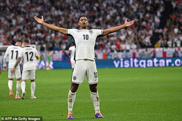 Jude Bellingham's trademark celebration after scoring against Serbia on Sunday night