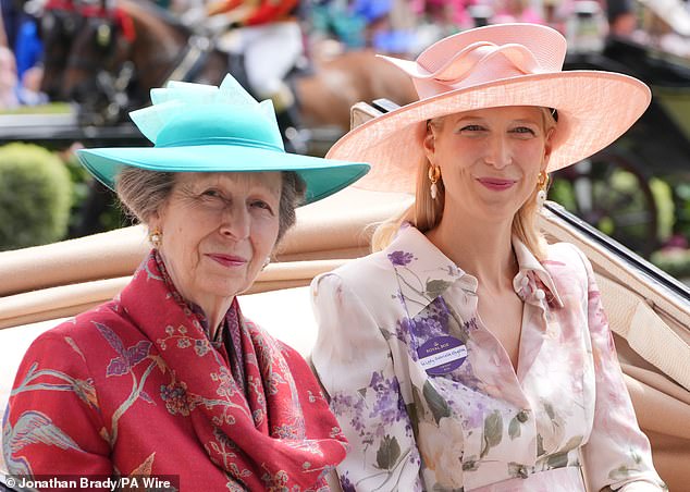 Lady Gabriella Kingston (pictured, right) arrives at the event in a carriage, accompanied by Princess Anne (pictured, left)