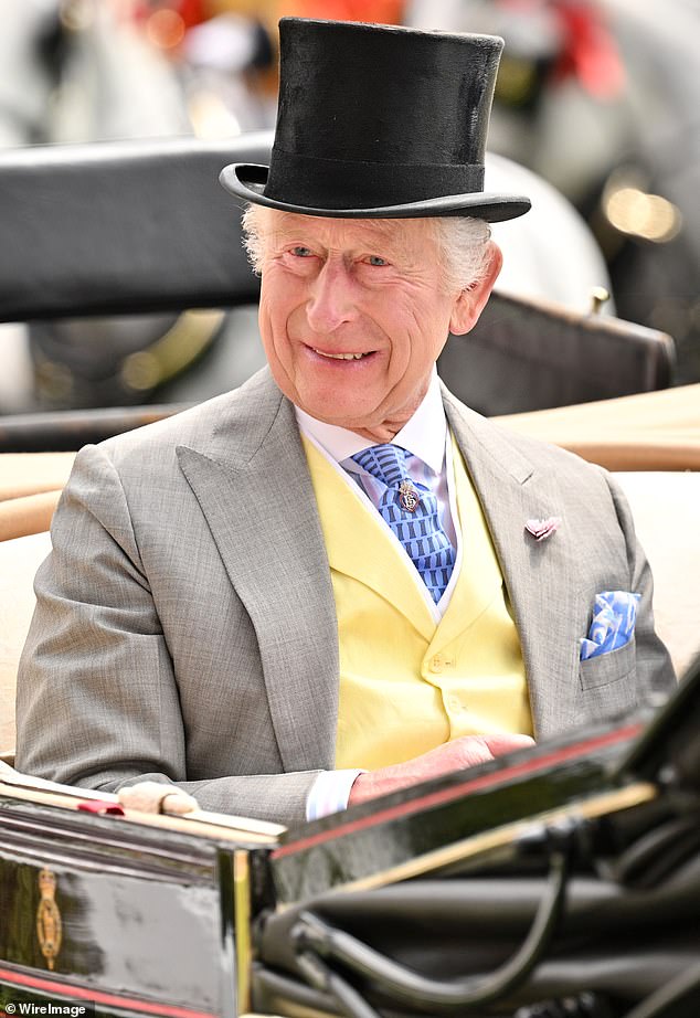 Snapped while arriving at Royal Ascot in a carriage today, King Charles (pictured) appeared to be very happy, and was beaming