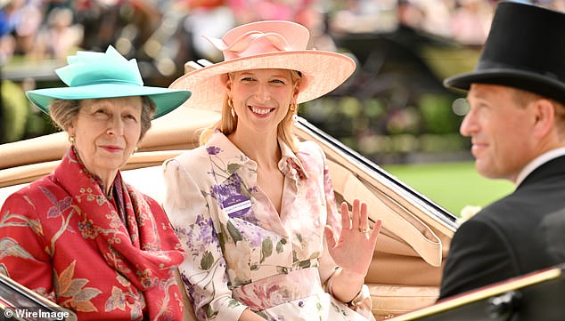 Today marked the first official public appearance of Lady Gabriella Windsor (pictured, centre) since her husband's death in February. Sharing a carriage with Princess Anne (pictured, left) and Peter Phillips (pictured, right), the 43-year-old smiled and waved at the crowds