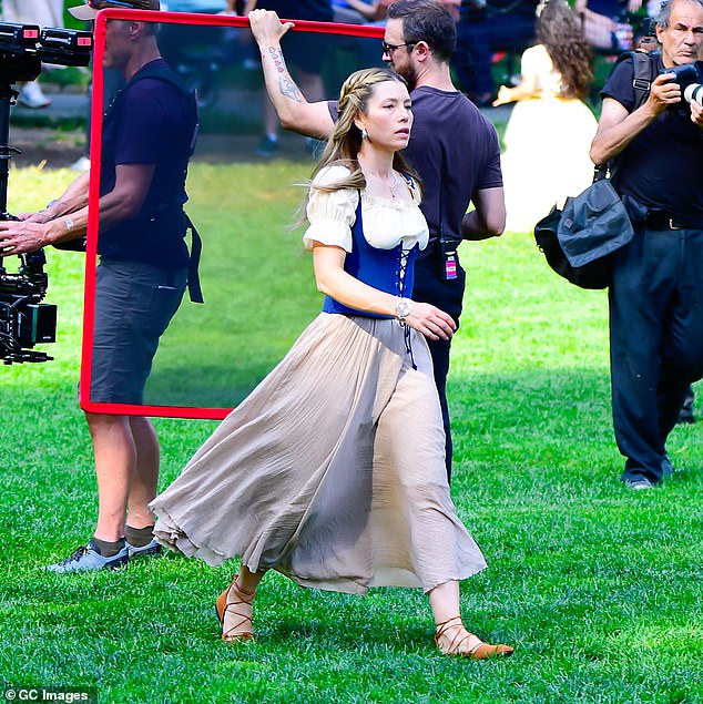 The singer's wife Jessica Biel is pictured here on location filming The Better Sister in Manhattan on Monday