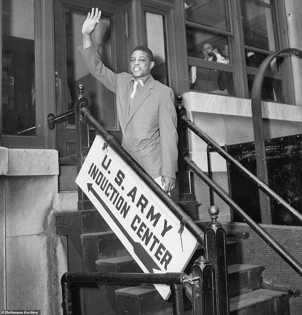 Willie Mays, 21-year-old centerfielder for the New York Giants, at First Army Recruiting Headquarters, New York City, on the day of his swearing in. Mays is slated to report to Camp Kilmer, New Jersey, later in the day