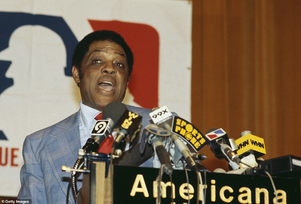 Former baseball player Willie Mays speaking at a press conference after being elected to the Baseball Hall of Fame in 1979